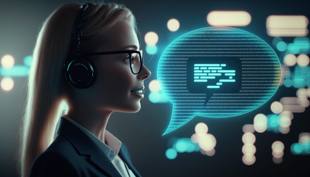 13 a woman with headphones in front of a speech bubble that says open on it