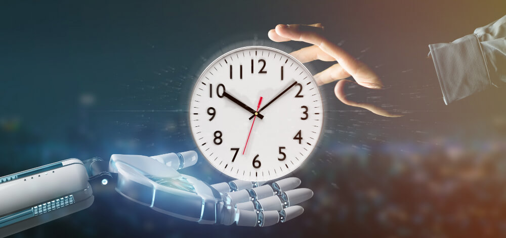 22 cyborg hand holding a clock timer 3d rendering