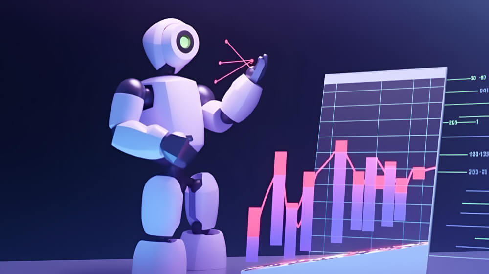 3 robot standing next to a graph showing a graph