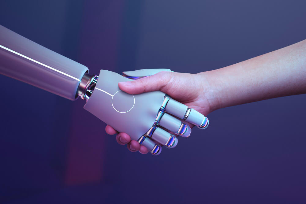 4 robot handshake human background futuristic digital age